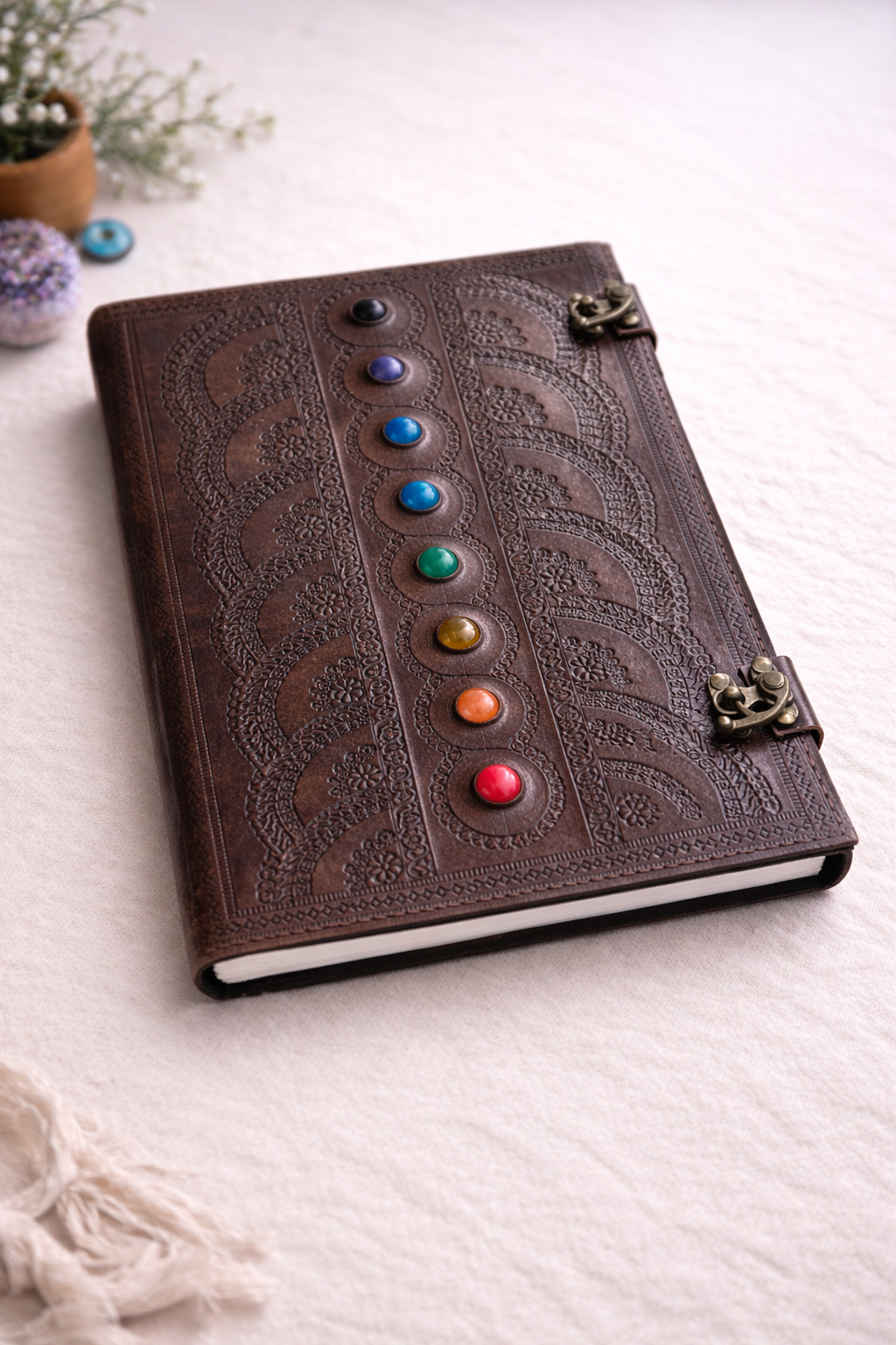Chakra Leather Stone Journal A4 Size