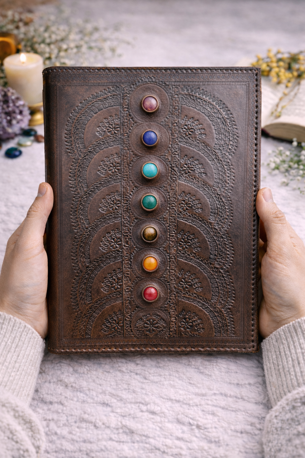 Chakra Leather Stone Journal A4 Size