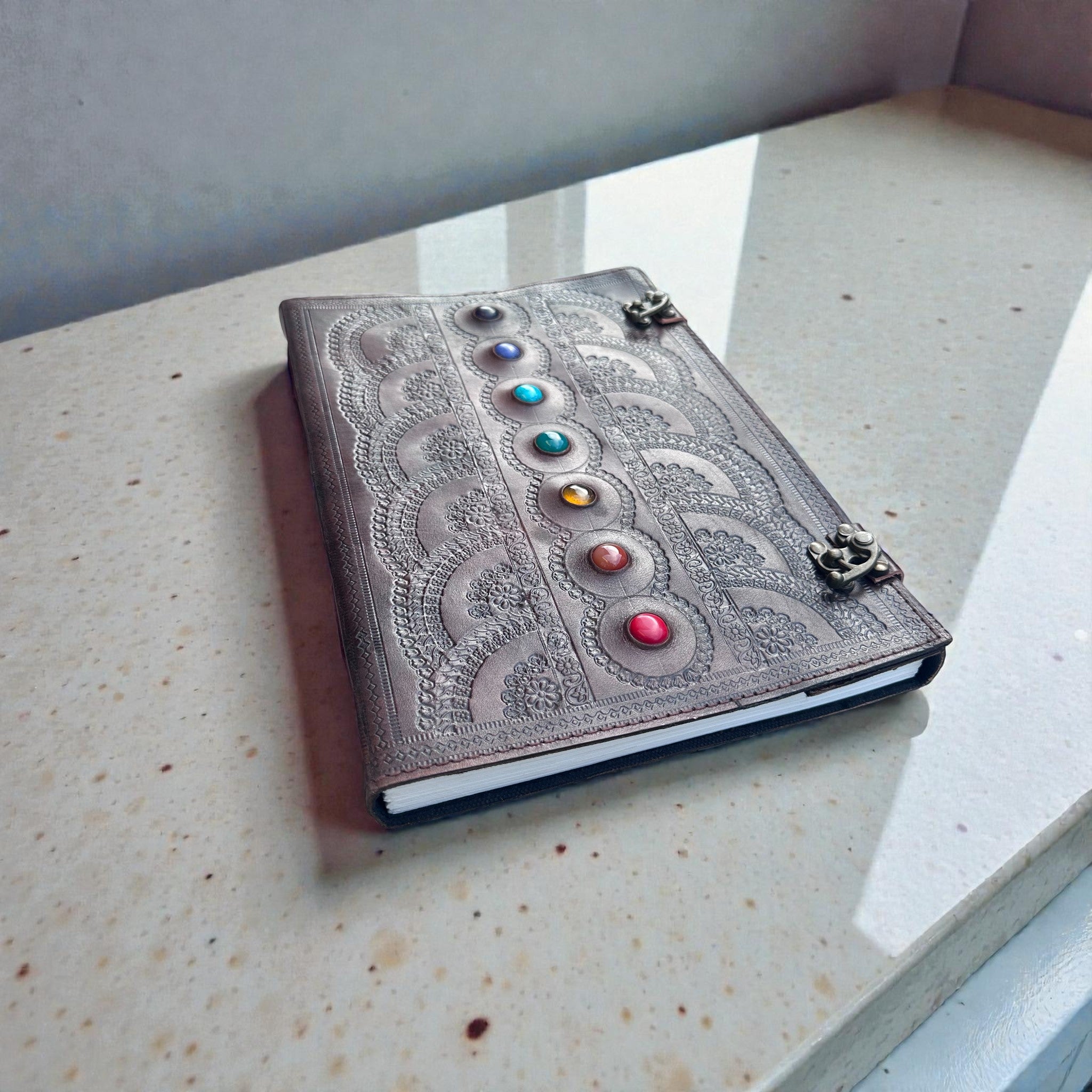 Chakra Leather Stone Journal A4 Size
