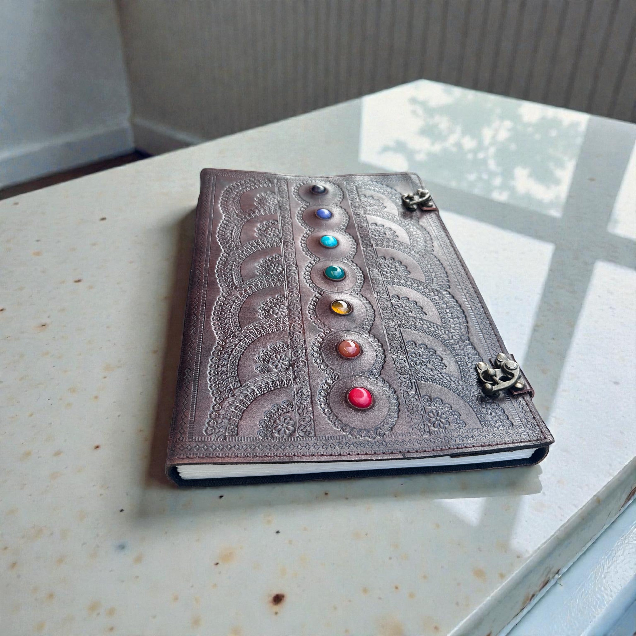 Chakra Leather Stone Journal A4 Size