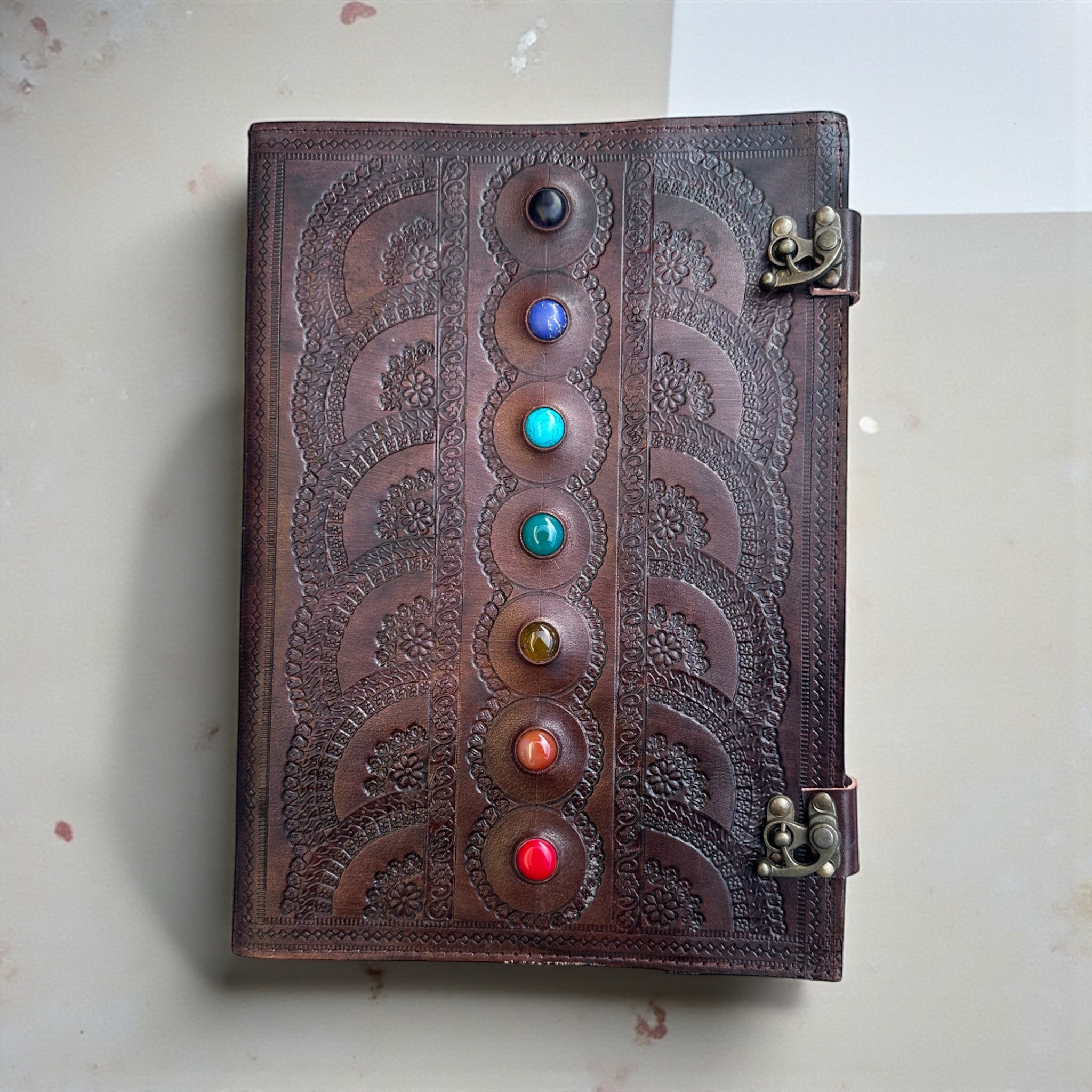 Chakra Leather Stone Journal A4 Size
